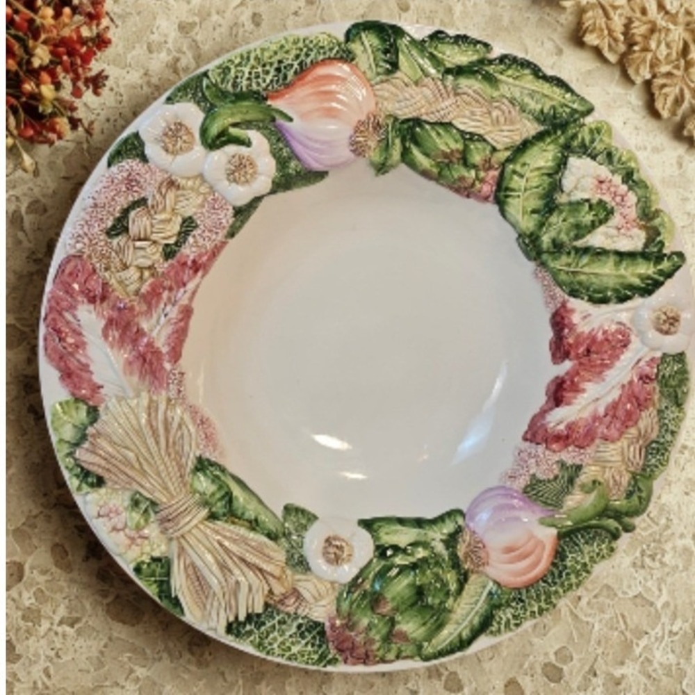 Vintage Majolica Style Vegetable Relief Large Ceramic Serving Bowl 16.5 Inch